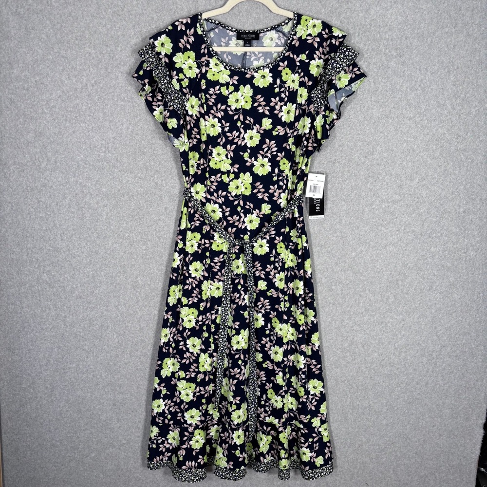 NEW Perceptions Ruffle Tiered Floral Midi Dress XL Navy Lime Flutter Belt Mod